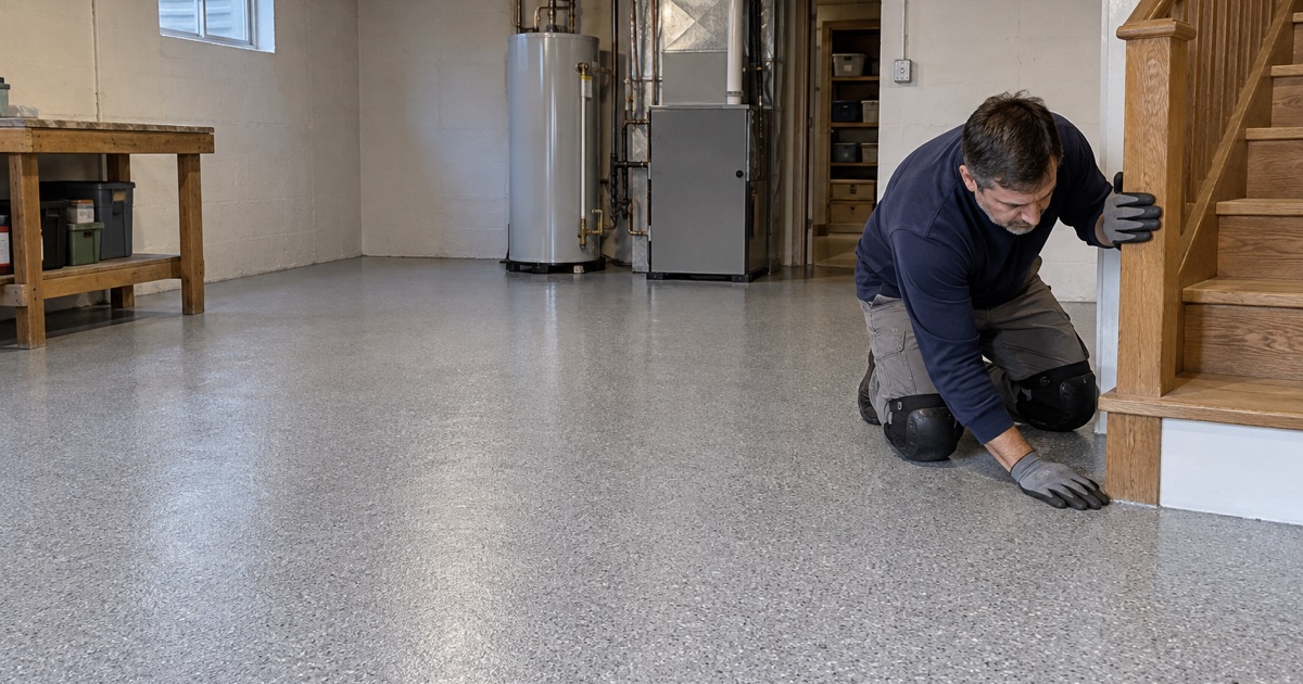 A finished light gray epoxy basement floor in a Wheaton split-level, coated right to the foot of the stair.