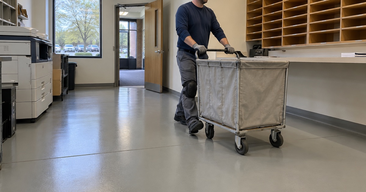 A seamless high-build resin floor in the mailroom of a Wheaton corporate office, a mail cart rolled across it.
