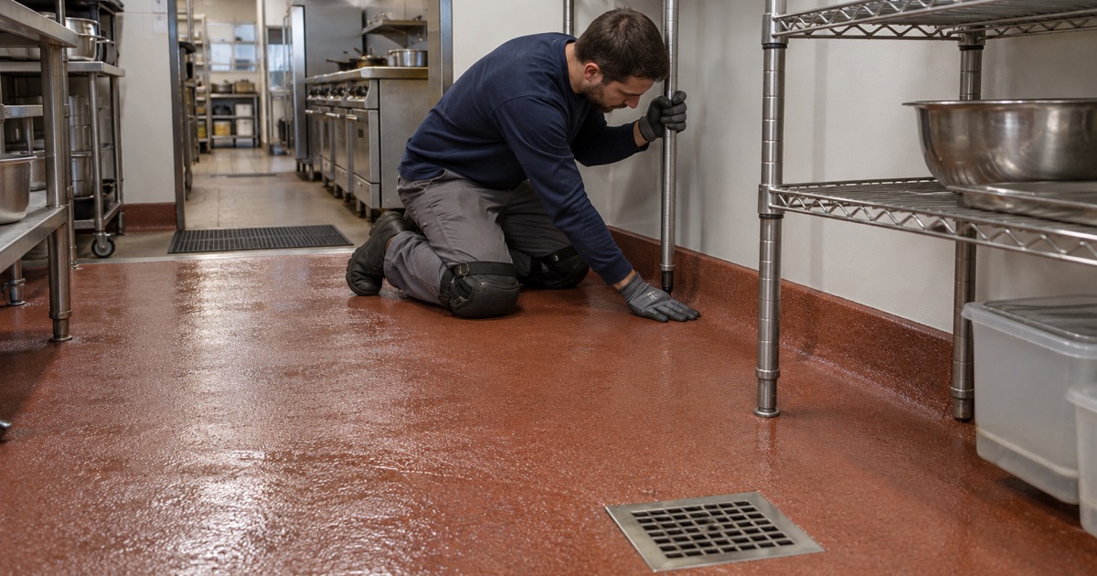 A slip-resistant urethane cement floor with a 3/8-inch-radius cove under the walk-in shelving of a downtown Wheaton restaurant kitchen.