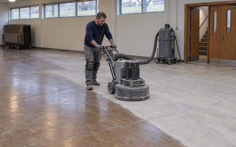 A planetary grinder opening an old sealed floor in a Wheaton church fellowship hall, dust drawn into the extractor.