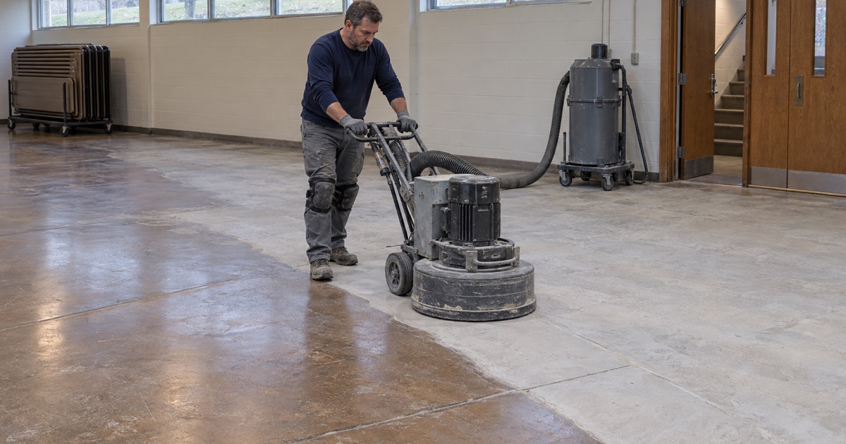 A planetary grinder opening an old sealed floor in a Wheaton church fellowship hall, dust drawn into the extractor.