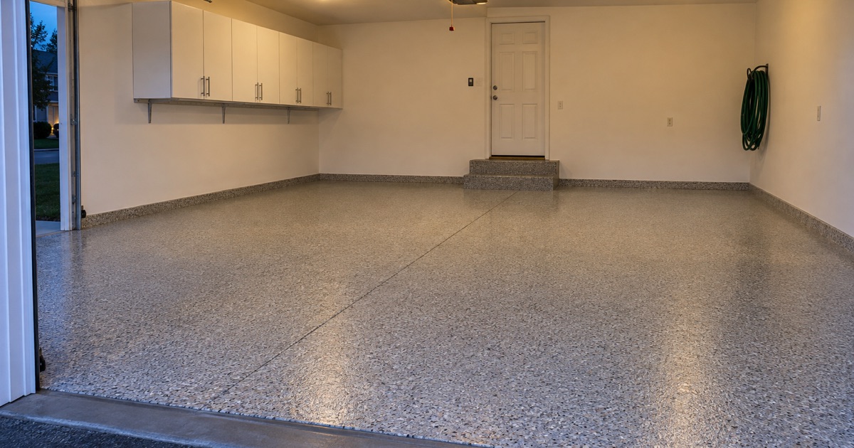 An empty, finished gray flake garage floor in a Wheaton colonial at dusk, the overhead door raised and the house lights on.