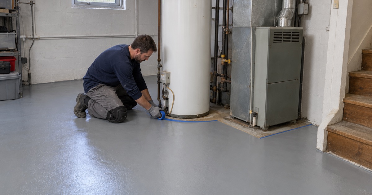 A low-solvent coating stopped neatly around a gas water heater and furnace in a Bellwood basement, the appliances left where they stand.
