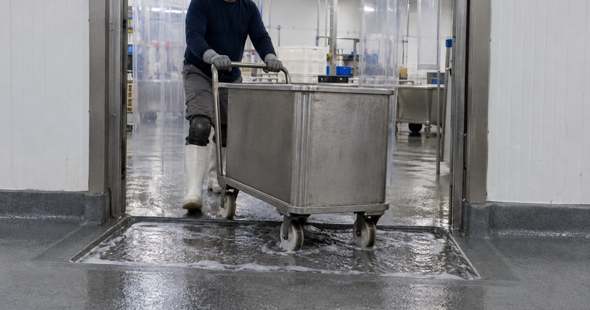 A recessed, non-slip sanitizer footbath built into the coated floor at a doorway in a Bensenville seafood plant.