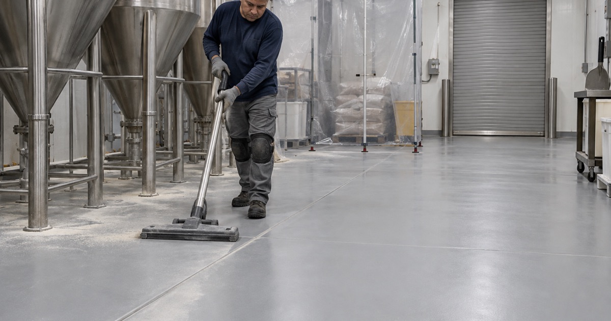 A crack- and joint-sealed floor in a Bridgeview dry food plant, cleaned with a vacuum instead of water.