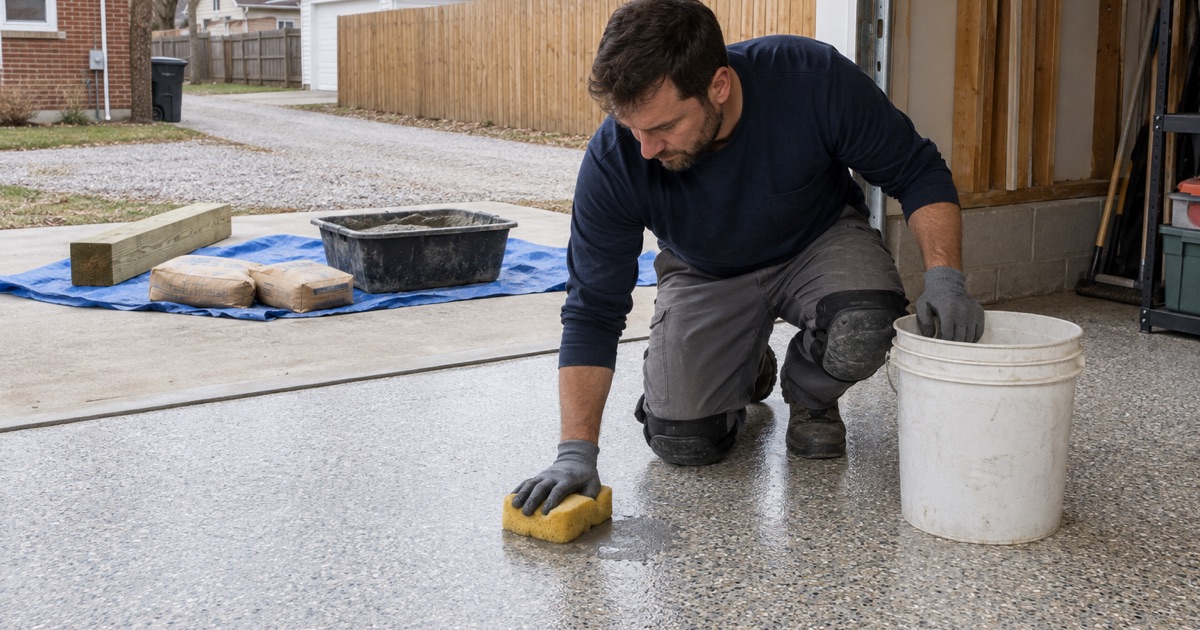 Concrete mixed on a tarp on the apron of a Brookfield garage with a flake floor, a wet splash sponged off before it sets.