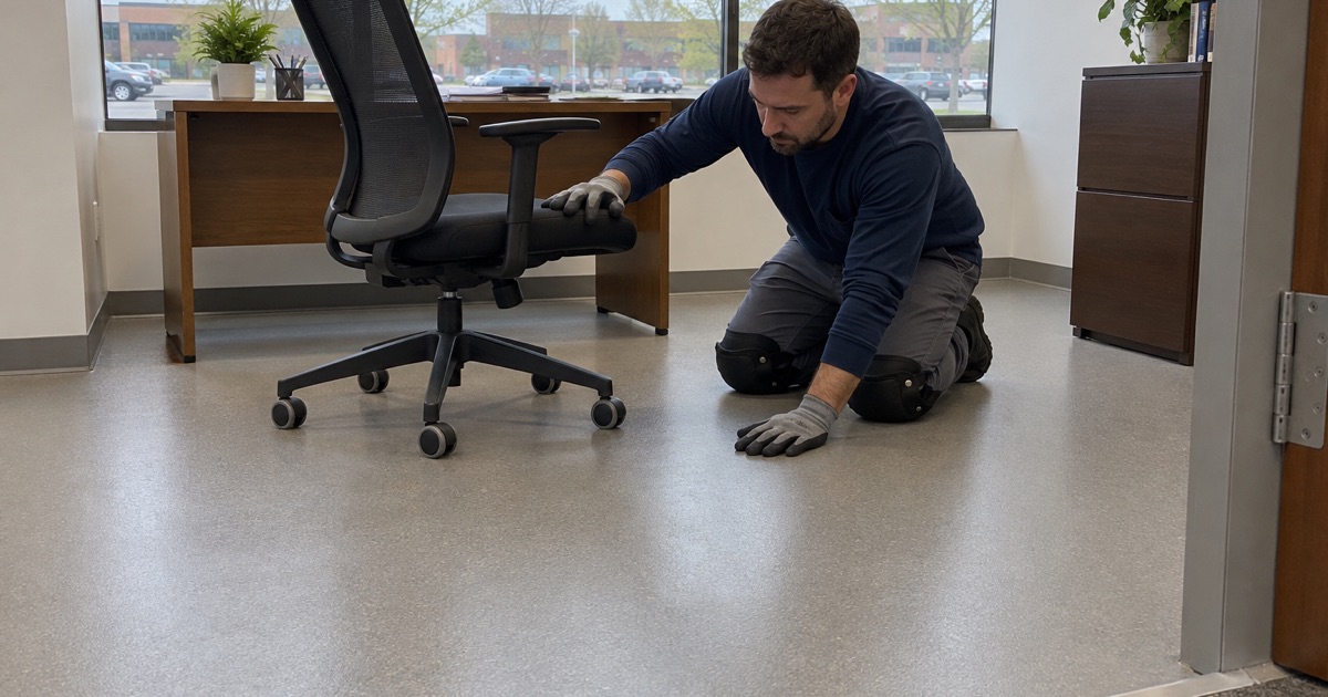 An office chair’s soft-tread castors on a sealed resin floor in a Burr Ridge coworking office.