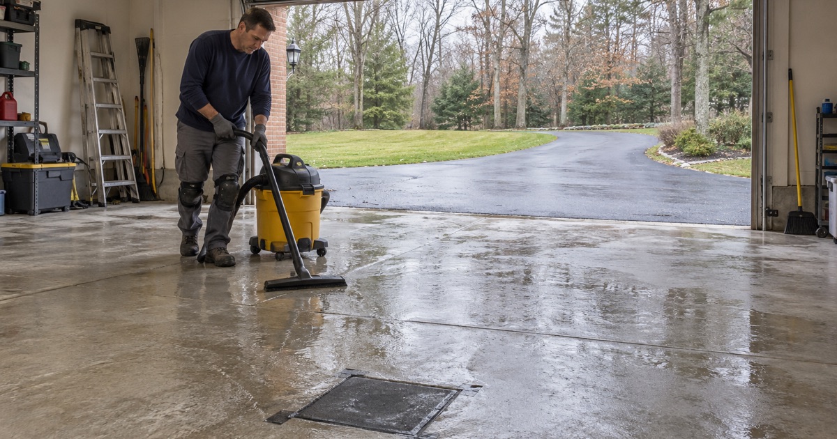 A garage floor drain covered during prep on a Campton Hills septic lot, rinse water collected with a wet vacuum instead.