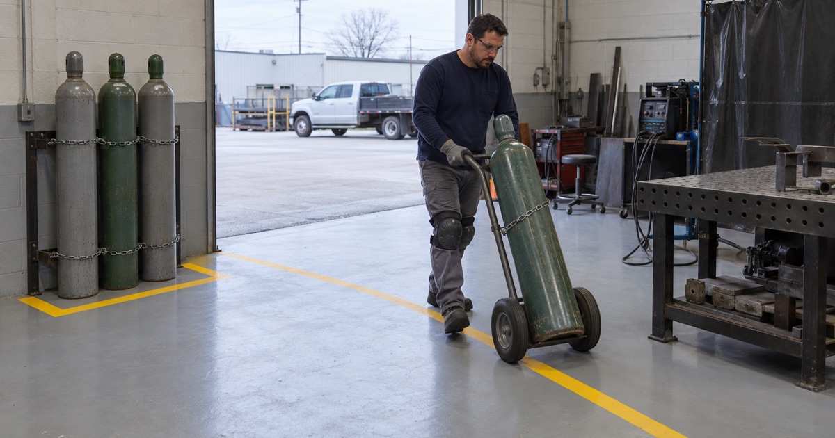 Welding gas cylinders chained upright in a marked spot on a coated Chicago Ridge shop floor, one moved on its cart.