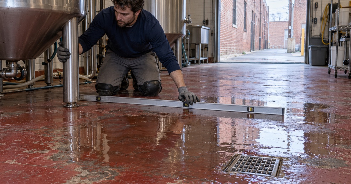 Rinse water standing short of the drain on an inherited brewhouse floor in Forest Park, the fall checked before any recoat.