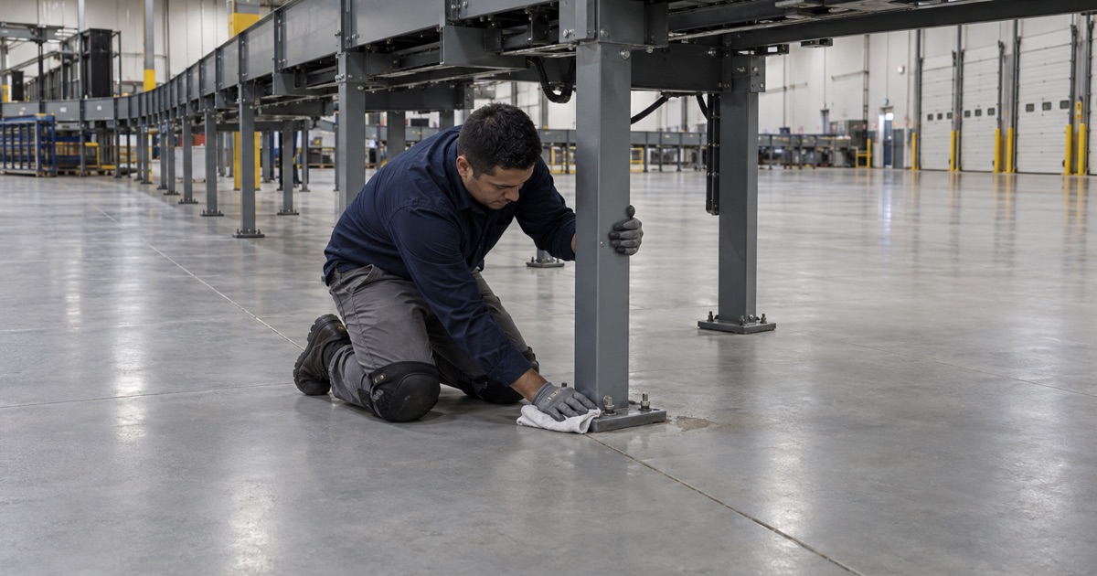 The coated floor under an anchored cross-belt parcel sorter in a Franklin Park warehouse, cleaned with the machine locked out.