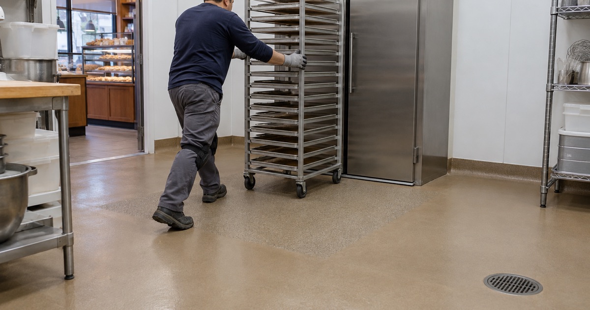 A coated floor running continuously under a roll-in proofer in a Hickory Hills bakery, its base sealed and the door apron textured.