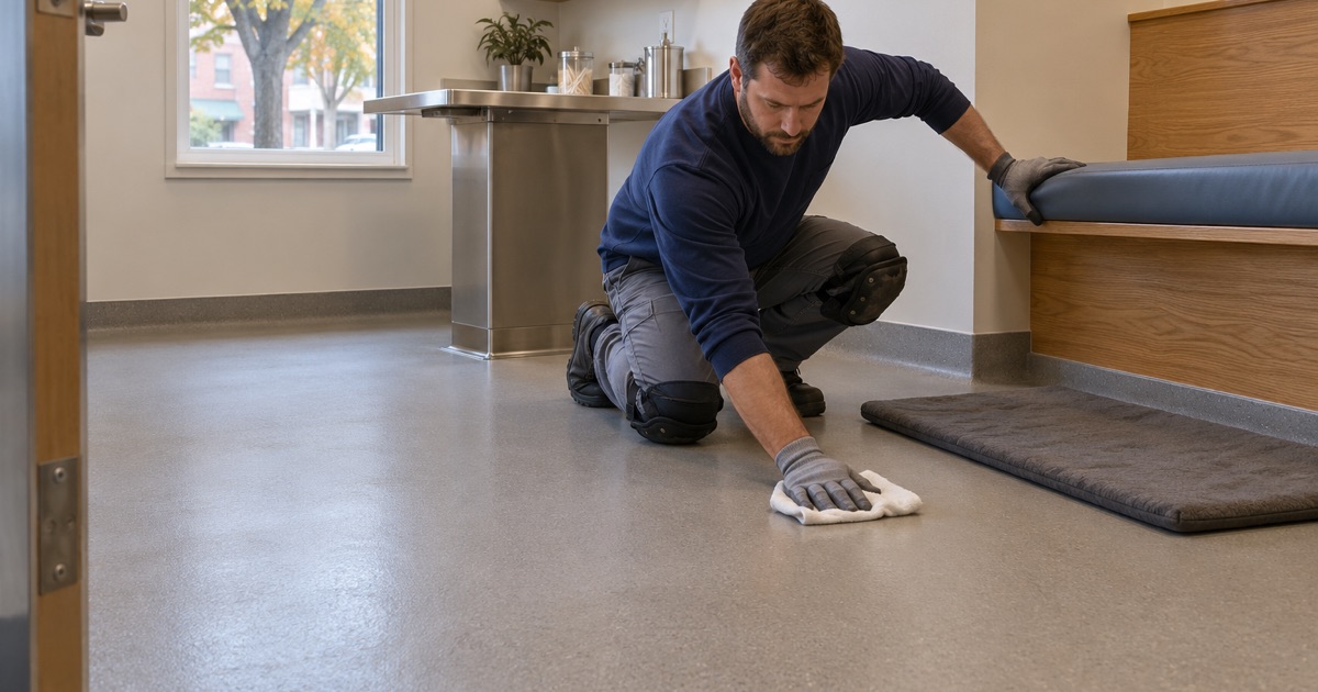 A seamless exam room floor in a Hinsdale low-stress veterinary practice wiped down between patients.