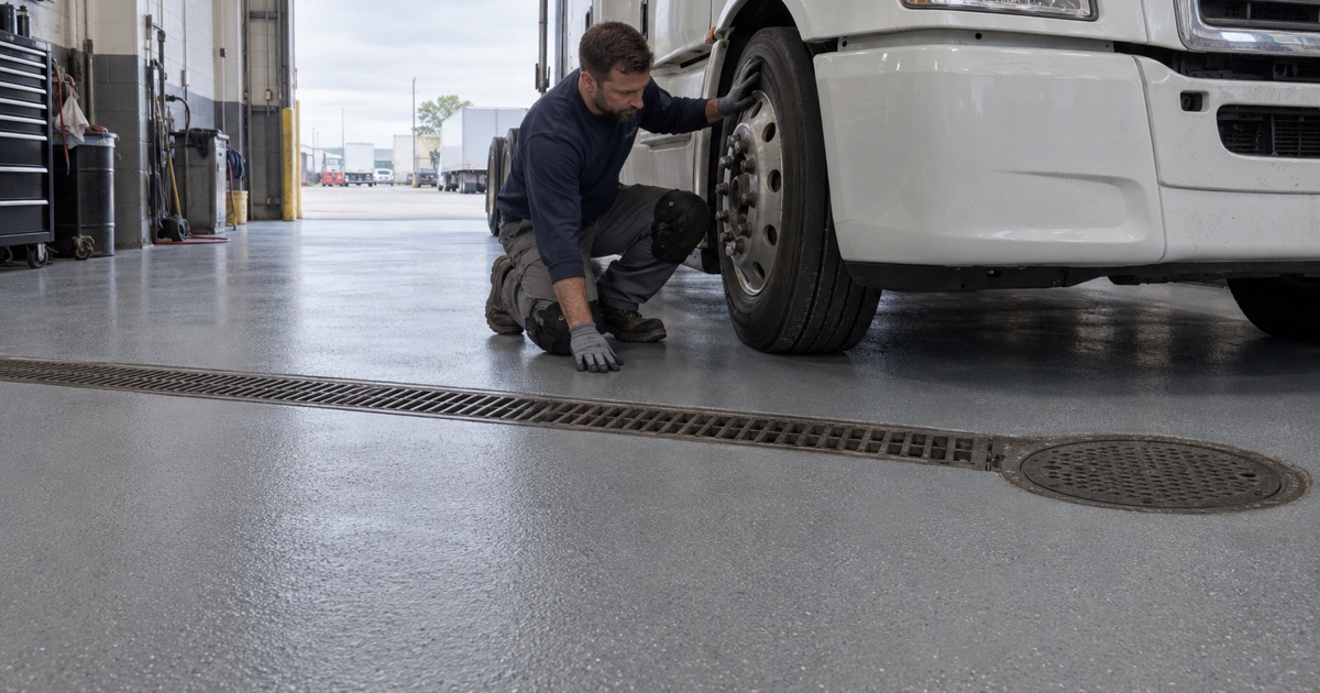 A coated truck-repair bay in Justice falling to a trench drain and an interceptor cover that stay open and serviceable.