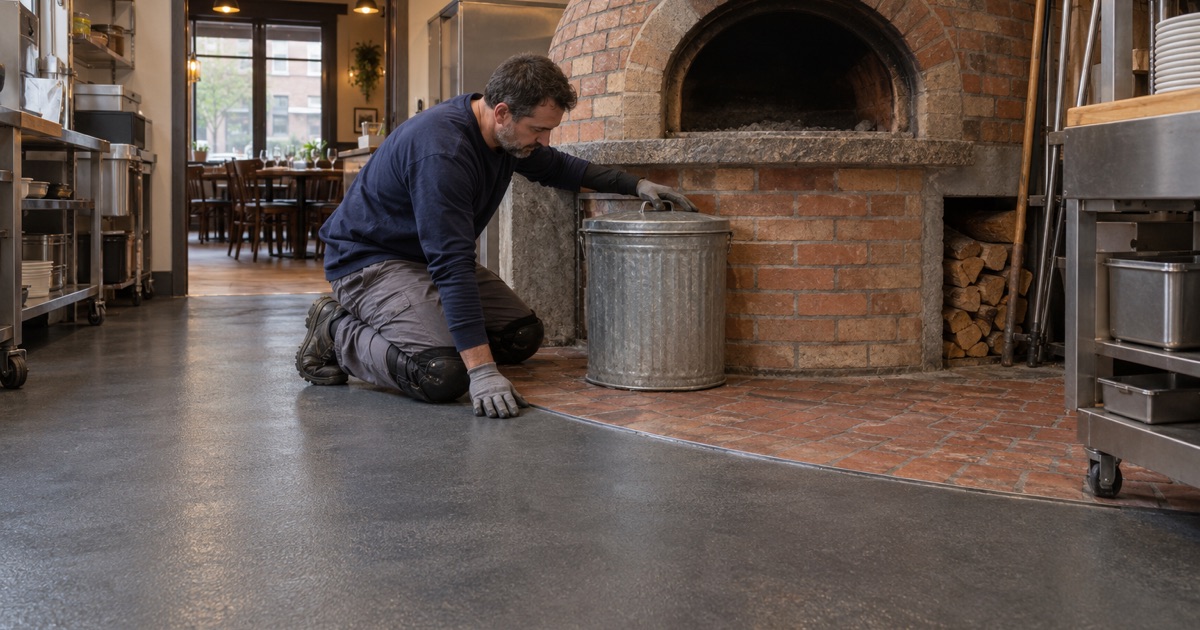The coating stopping at a ring of brick pavers in front of a wood-fired oven in a La Grange Park restaurant kitchen.