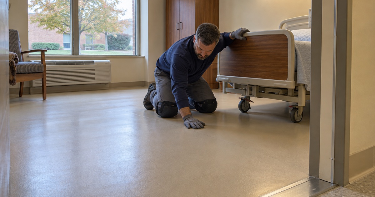 A seamless resin floor laid over repaired cracks in a resident’s room at a La Grange skilled nursing building, with no tile left to lift.