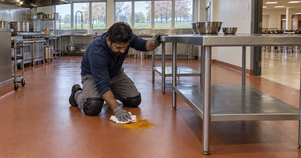 A fresh turmeric smear wiped off a sealed, stain-resistant floor in the community kitchen of a Lemont temple.