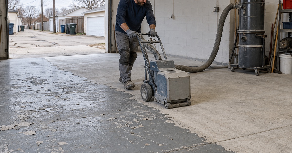 An old painted coating blasted off a Lyons shop slab so the sound slab can be kept and recoated