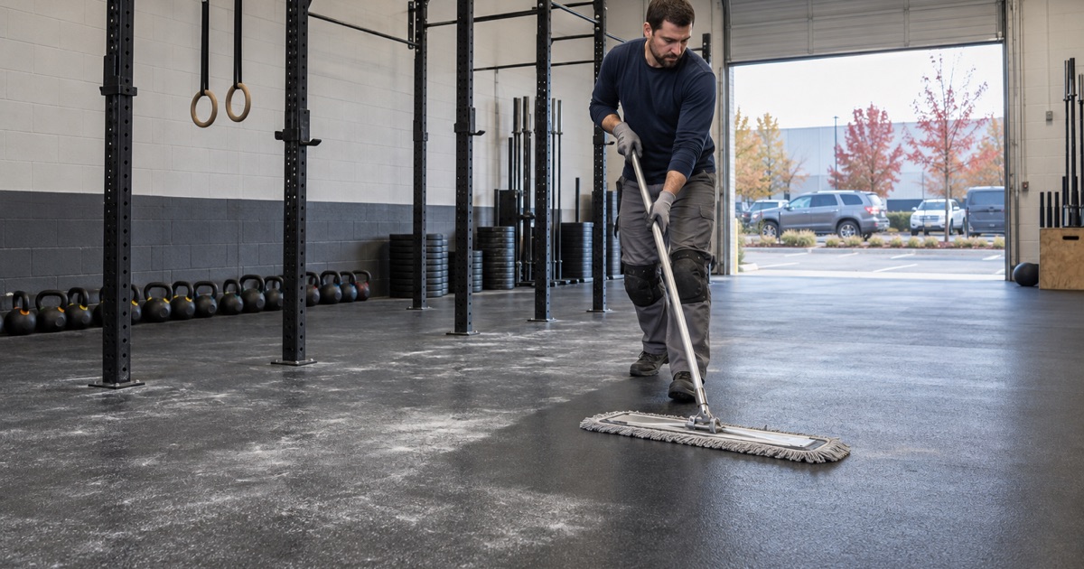 White chalk haze being dry-mopped off a dark coated floor in a North Aurora CrossFit gym before any wet cleaning.