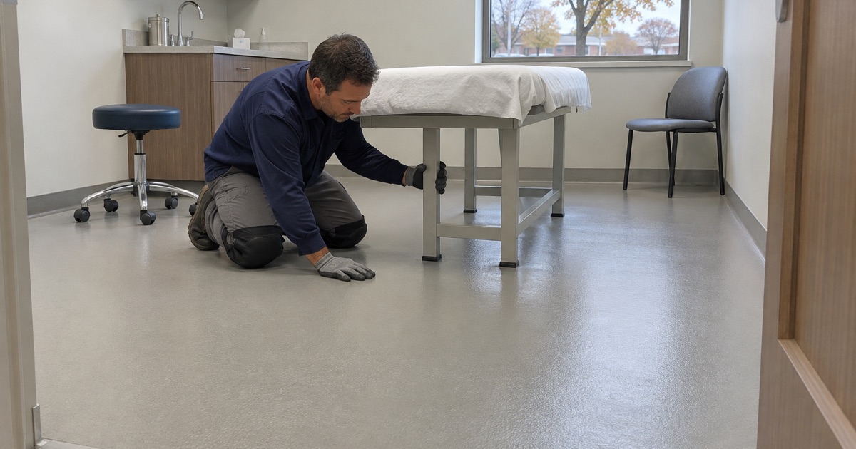 A seamless, finely textured floor around a treatment table in a Palos Hills clinic room, cleaned with a degreaser every day