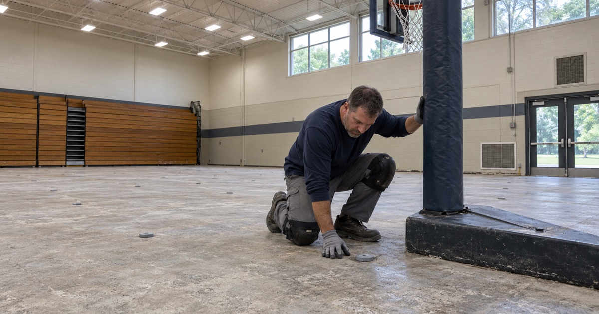Moisture probes set in a bare school gym slab in Prospect Heights with the building’s air already running.
