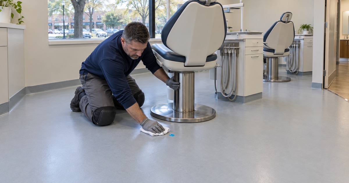 A sealed, seamless floor beside a bonding chair in a River Forest orthodontic office, a drop of etch gel wiped up at once.