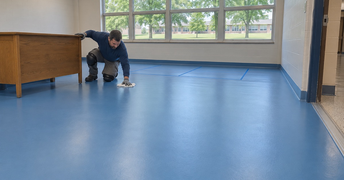 A new seamless floor in an emptied River Grove school classroom after a summer of abatement