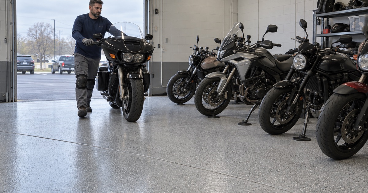 Stored motorcycles on round stand pads on a hard-cured floor in a heated Summit storage room, one walked in on its tires.