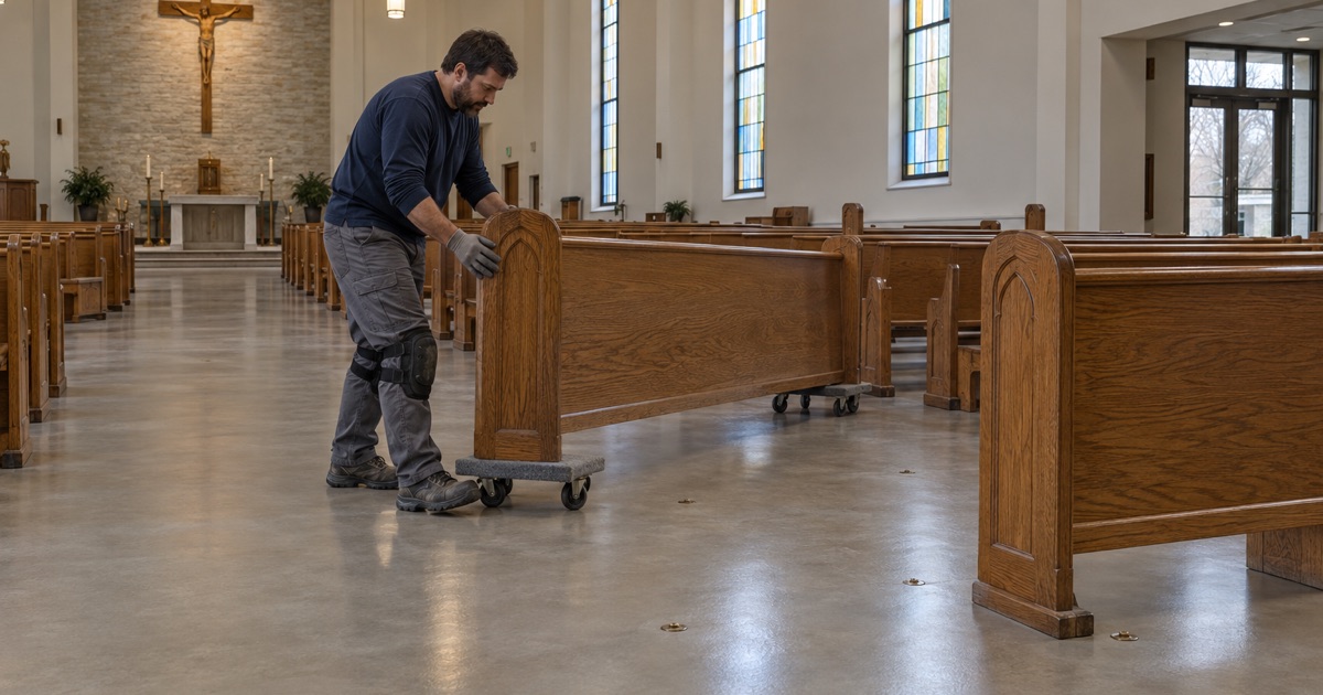 A church pew being set back on a newly coated floor in Warrenville, rolled on a furniture dolly before it is anchored.