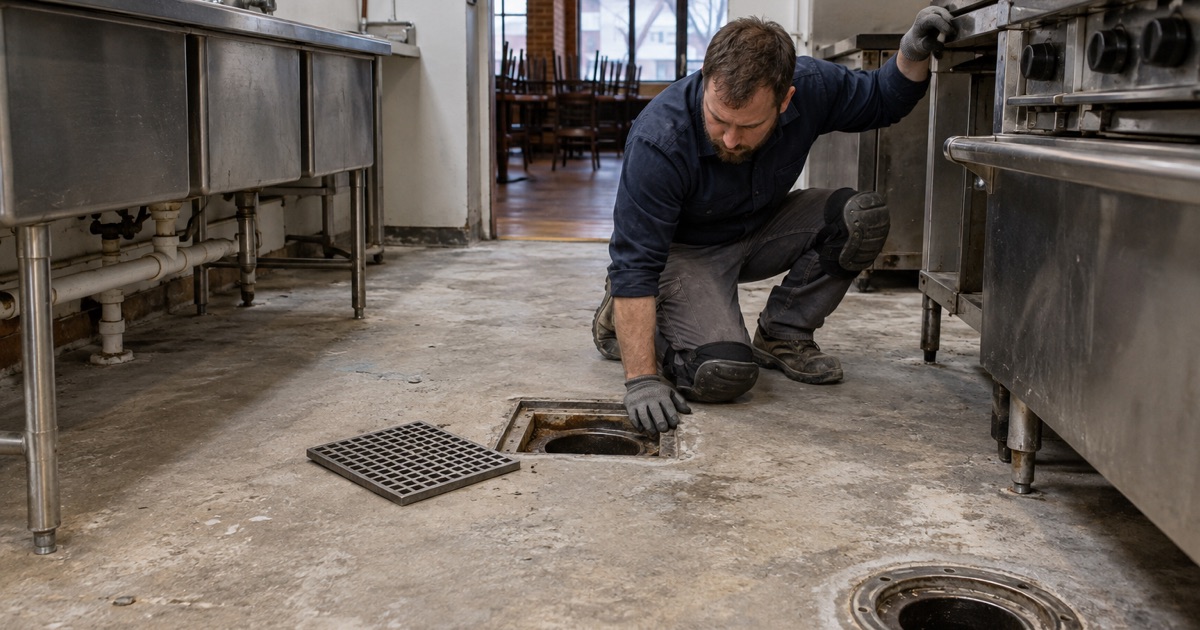 A floor sink opened and its clamping ring exposed before a seamless floor goes into an inherited Western Springs restaurant kitchen.