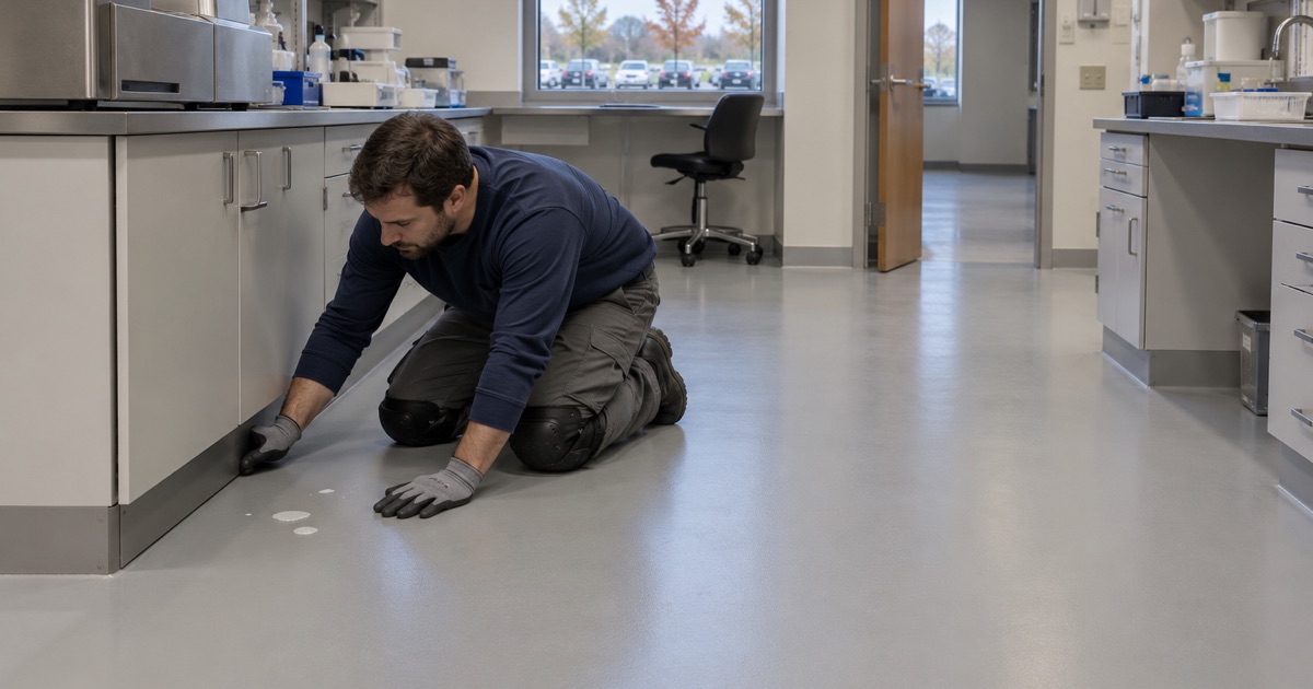 Cooled paraffin drips on the seamless coved floor of a hospital histology lab in Winfield, ready to be lifted off the topcoat.