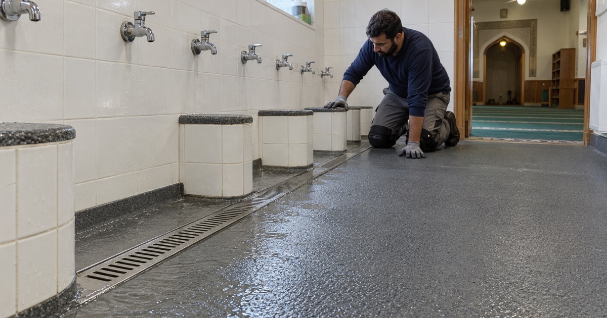 A textured, coved resin floor in a Worth masjid ablution room, sloped to a linear drain along the tap line.