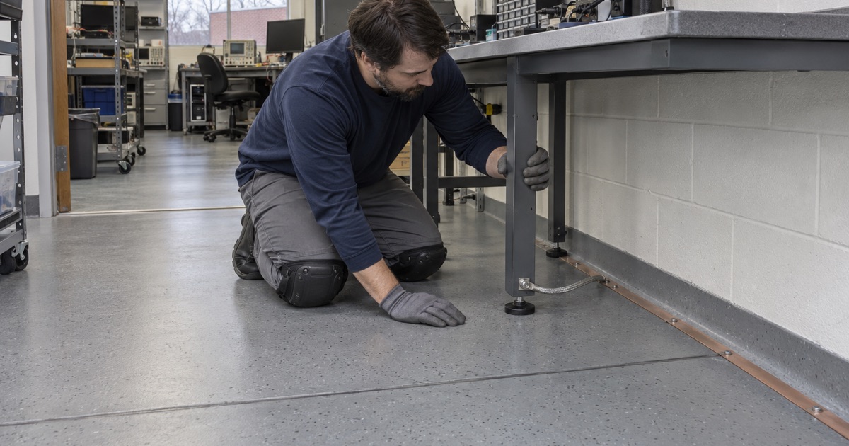 A static-dissipative floor with a copper grounding strip under an electronics repair bench in a Wheaton flex building.