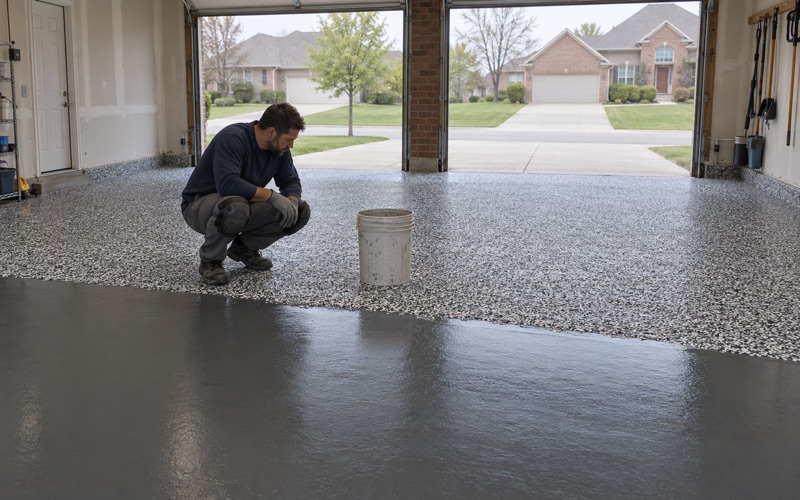 A dense black, white and gray flake broadcast settled on a three-car garage floor at a 1990s Wheaton home.