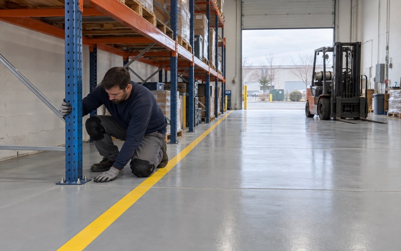 A heavy-build epoxy floor with yellow aisle lines in a Wheaton light industrial flex bay, pallet racking bolted down.