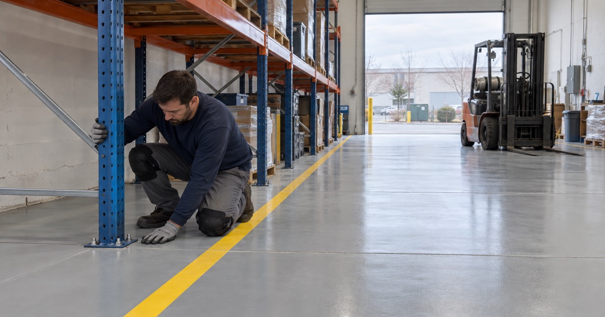 A heavy-build epoxy floor with yellow aisle lines in a Wheaton light industrial flex bay, pallet racking bolted down.