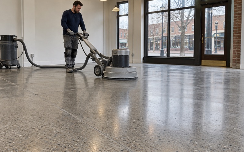 A satin polished concrete floor showing fine aggregate in a renovated brick storefront in downtown Wheaton.
