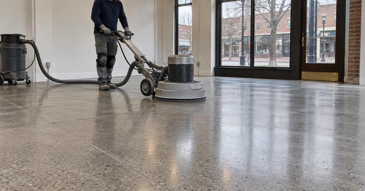 A satin polished concrete floor showing fine aggregate in a renovated brick storefront in downtown Wheaton.
