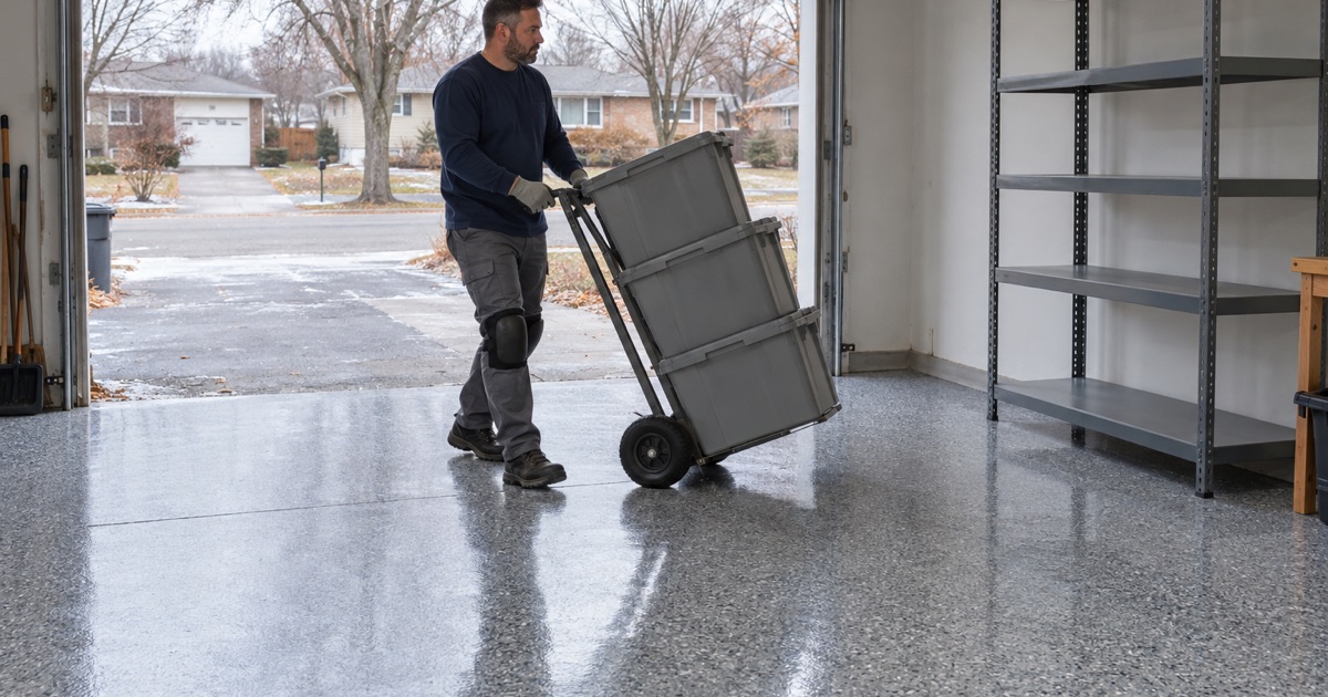 Storage bins wheeled back onto a same-day polyaspartic flake floor in a Wheaton raised-ranch garage on a cold afternoon.